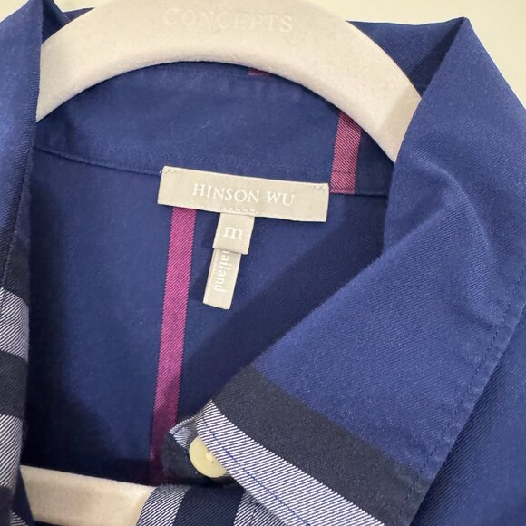 Hinson Wu Long Sleeve Blouse Oversized Plaid Blue M - Picture 3 of 4